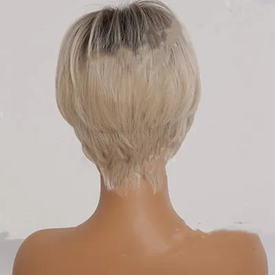Short straight synthetic wig with ombre blonde colour, brown to gold gradient, 8-inch length and bangs on mannequin head
