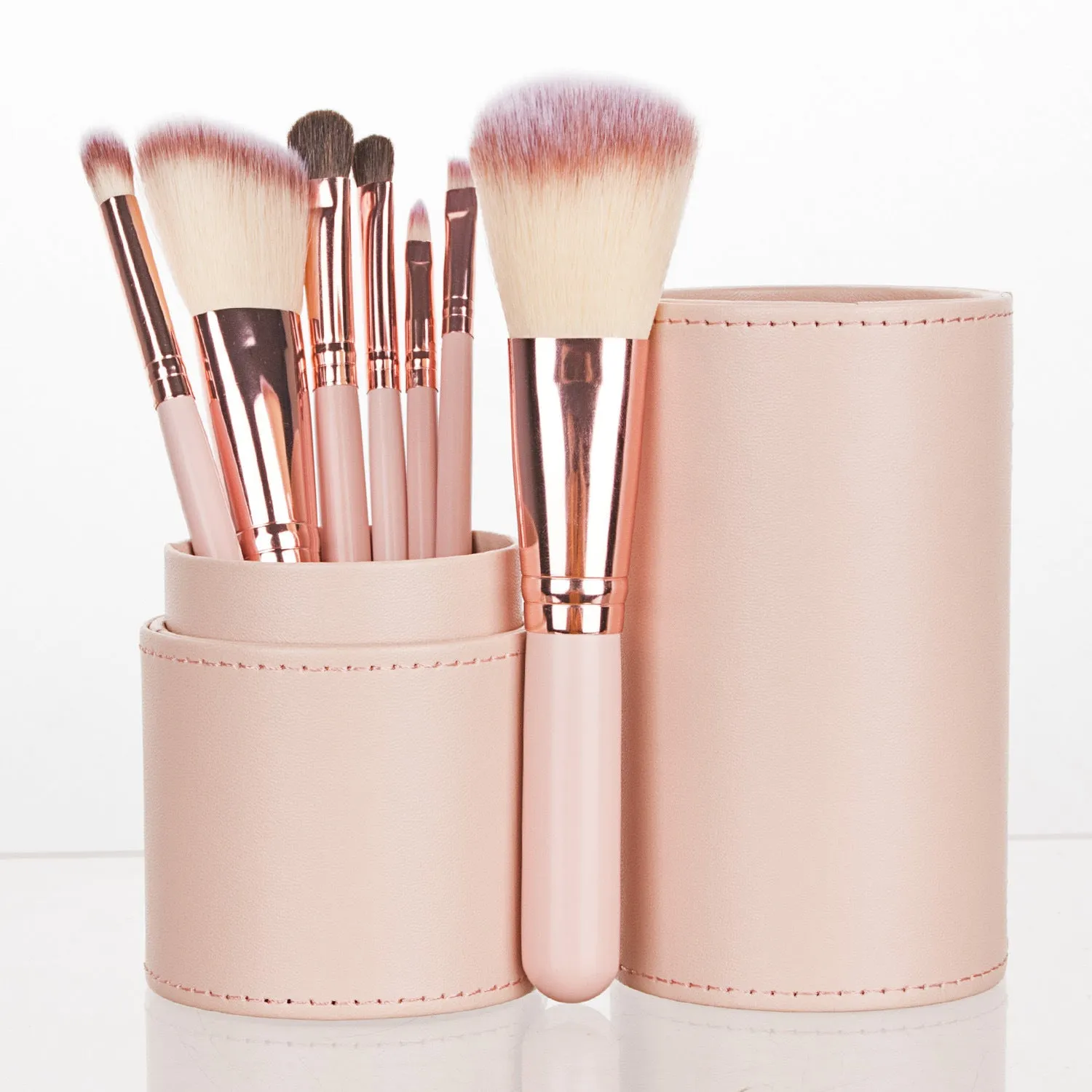 7-piece makeup brush set with Nylon bristles wooden handles and storage bucket in Classic Purple
