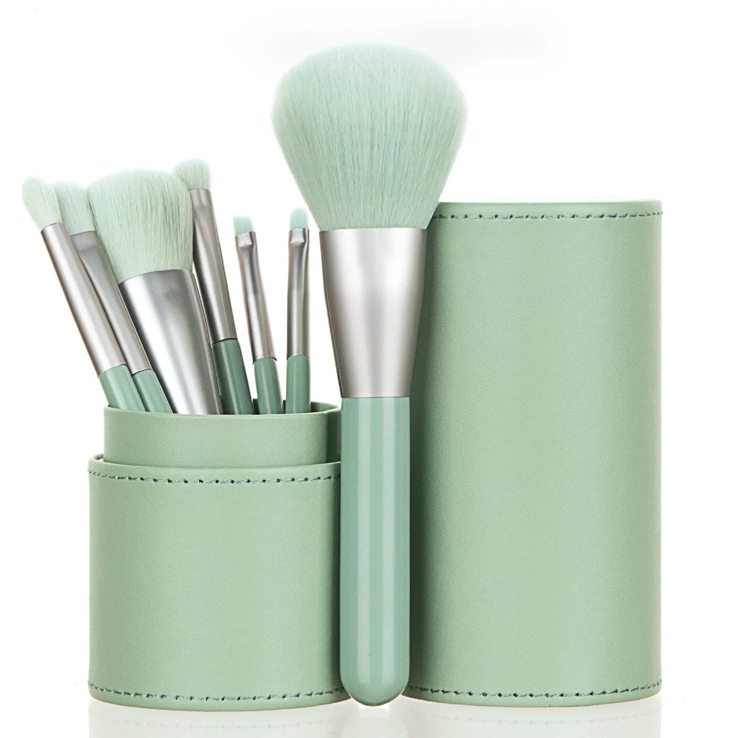 7-piece makeup brush set with Nylon bristles wooden handles and storage bucket in Classic Purple