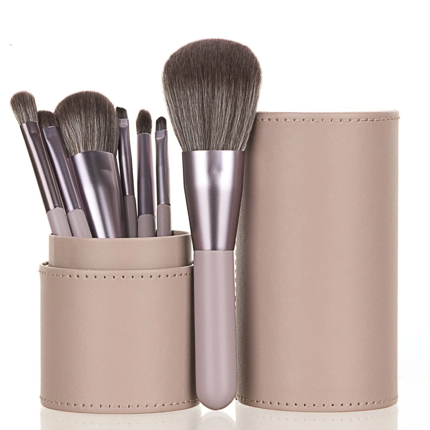 7-piece makeup brush set with Nylon bristles wooden handles and storage bucket in Classic Purple