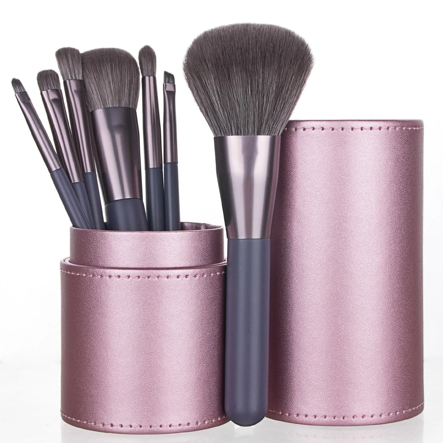 7-piece makeup brush set with Nylon bristles wooden handles and storage bucket in Classic Purple