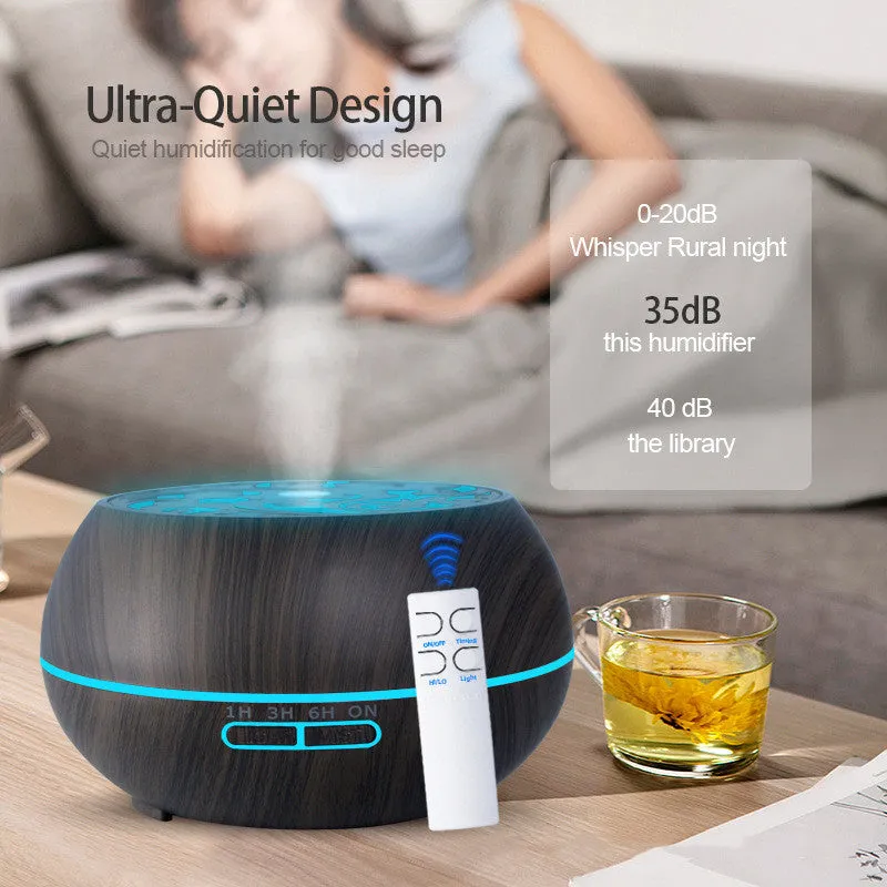 Medium 178x97mm ultrasonic aroma diffuser with four-hole mist output, 400ml capacity, dark wood grain finish, timer controls