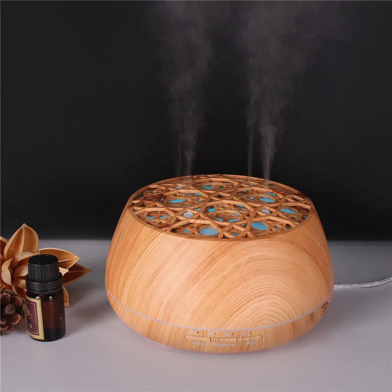 Medium 178x97mm ultrasonic aroma diffuser with four-hole mist output, 400ml capacity, dark wood grain finish, timer controls