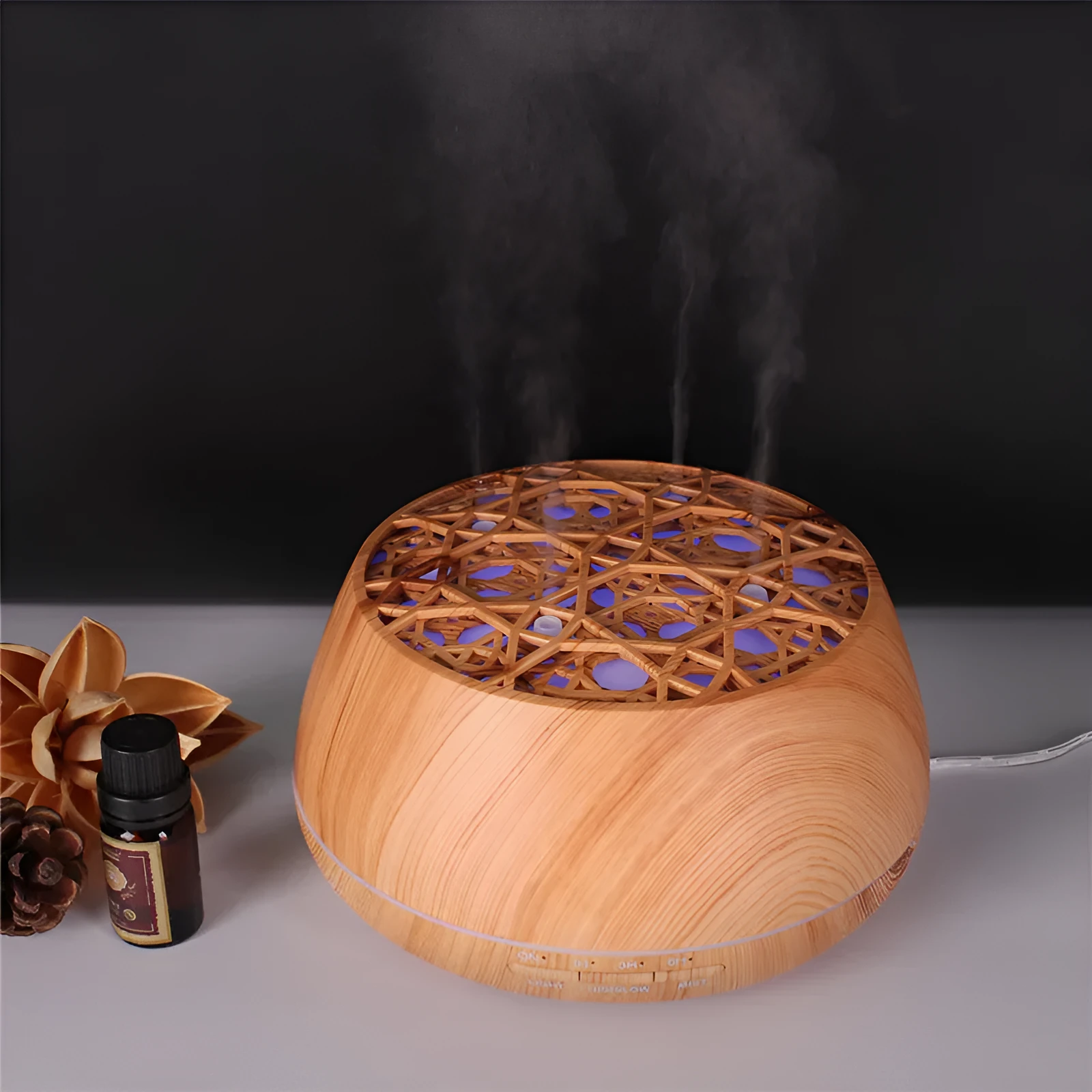 Medium 178x97mm ultrasonic aroma diffuser with four-hole mist output, 400ml capacity, dark wood grain finish, timer controls