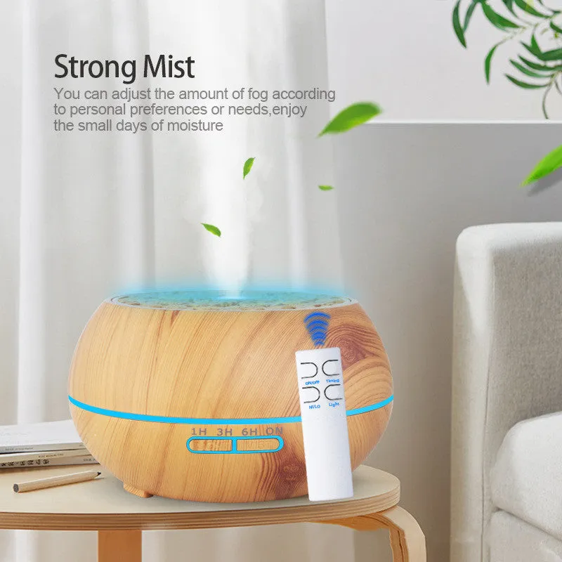 Medium 178x97mm ultrasonic aroma diffuser with four-hole mist output, 400ml capacity, dark wood grain finish, timer controls