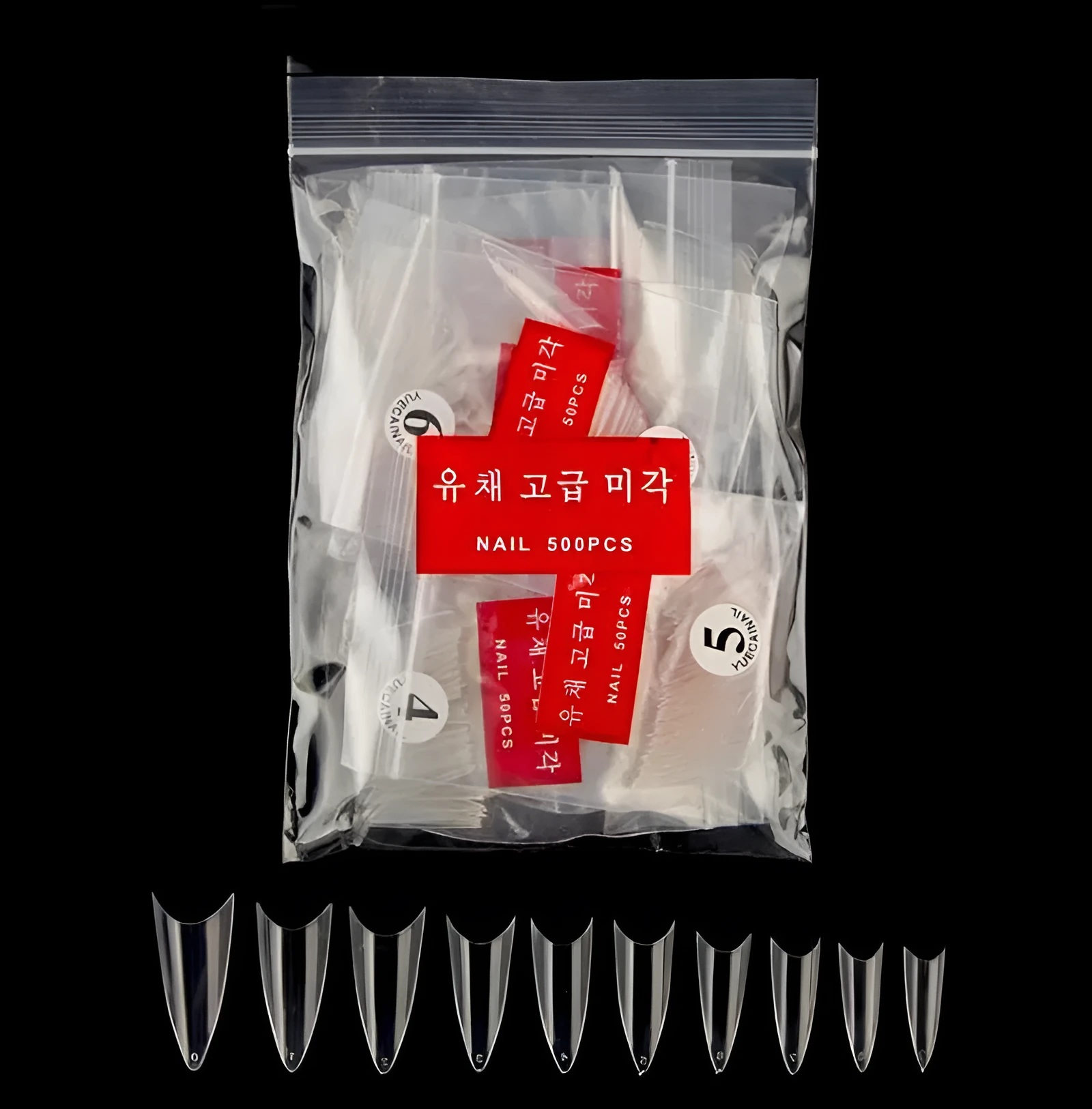 500 pieces of fake nail tips in ABS material, half tip shape, ten sizes 0-9, natural colour