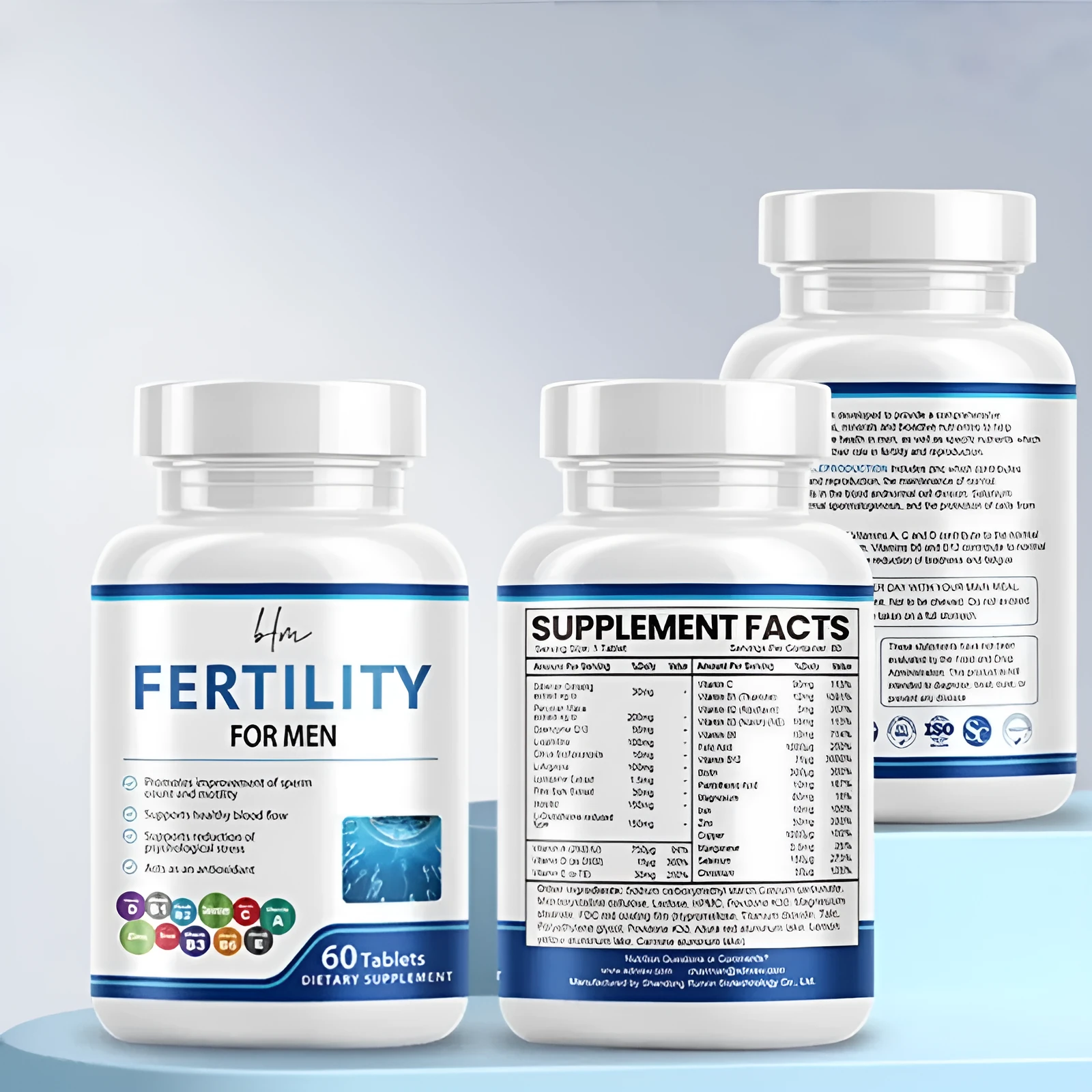 Bottle of male fertility tablets containing 60 tablets with vitamin mineral amino acids formulation