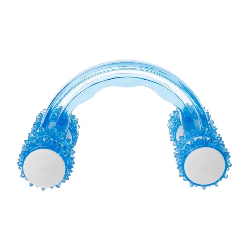 Blue plastic body massager with eight roller wheels and ergonomic handle, 13 x 9 cm, on a clean white background