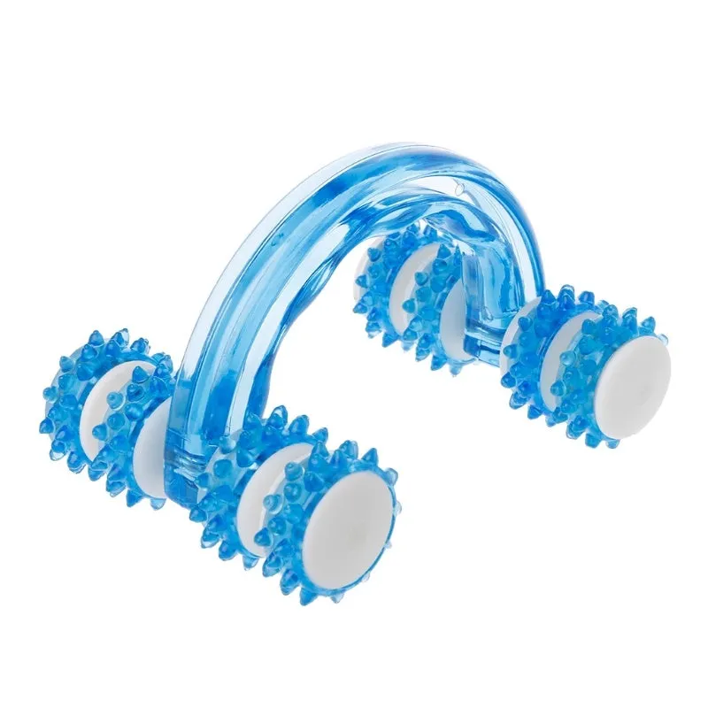 Blue plastic body massager with eight roller wheels and ergonomic handle, 13 x 9 cm, on a clean white background