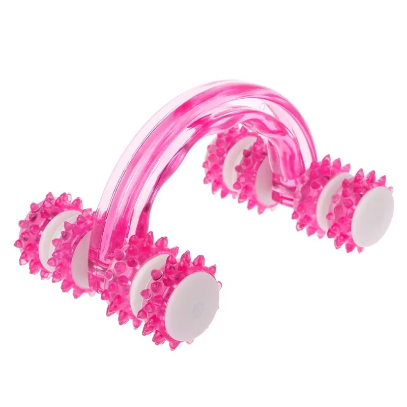 Blue plastic body massager with eight roller wheels and ergonomic handle, 13 x 9 cm, on a clean white background