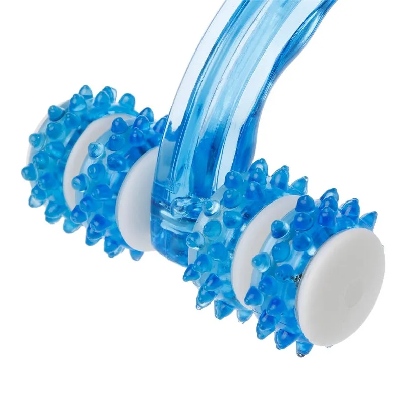 Blue plastic body massager with eight roller wheels and ergonomic handle, 13 x 9 cm, on a clean white background