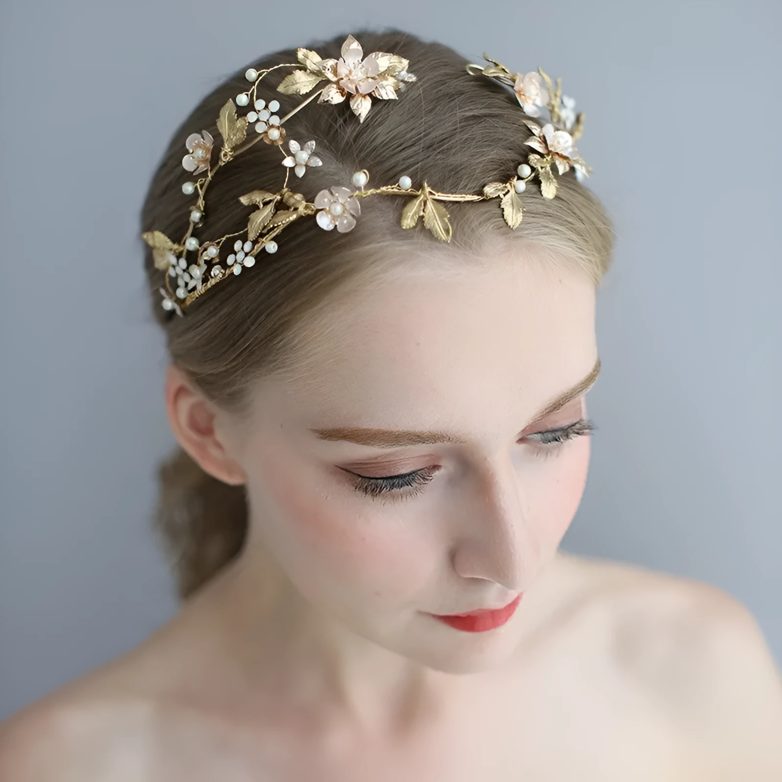Handmade asymmetric bridal crown in Kc Gold with imitation pearl and rhinestone details