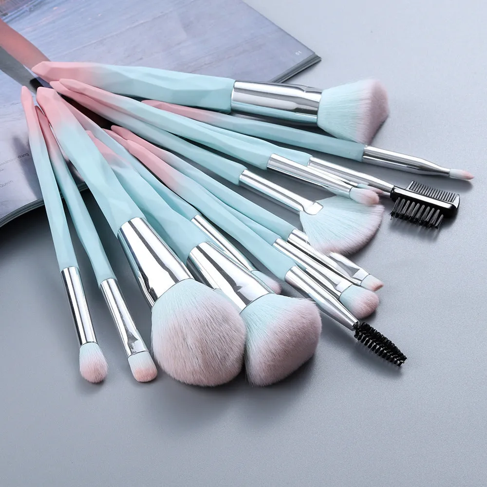 15-piece diamond handle makeup brush set with man-made fibre bristles, portable 13cm length, blue and brown handles