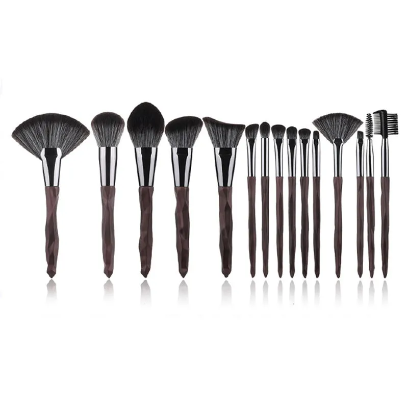 15-piece diamond handle makeup brush set with man-made fibre bristles, portable 13cm length, blue and brown handles