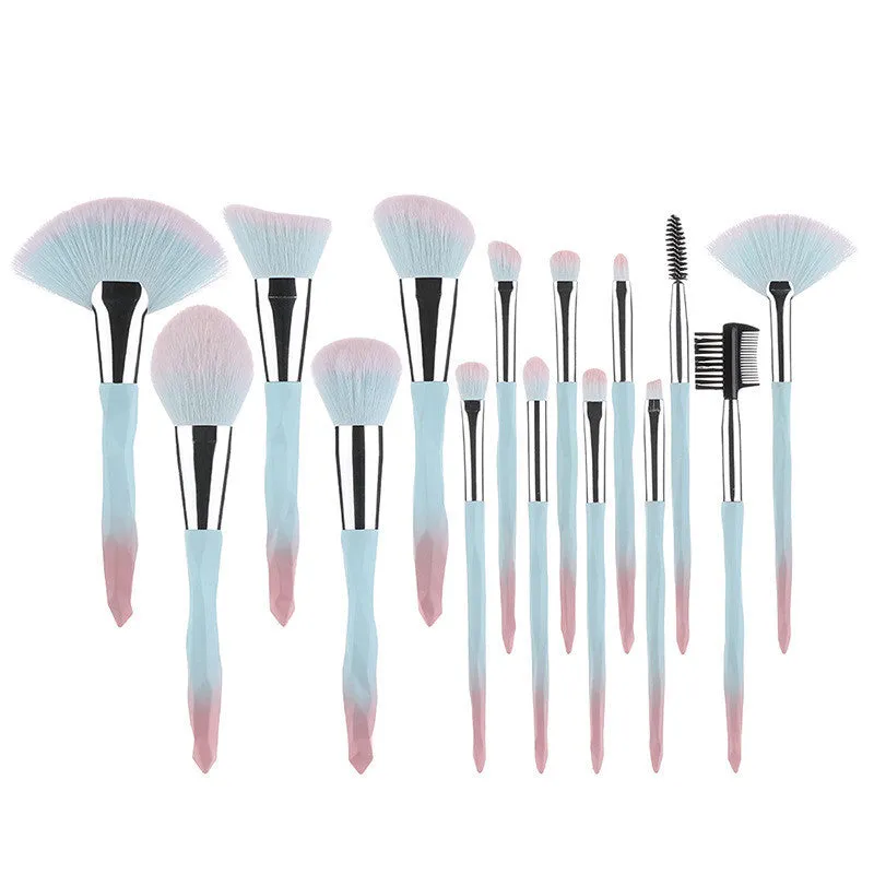 15-piece diamond handle makeup brush set with man-made fibre bristles, portable 13cm length, blue and brown handles