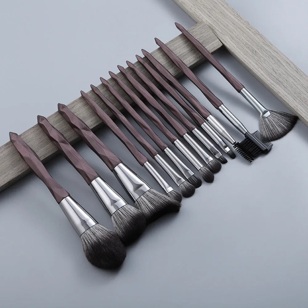 15-piece diamond handle makeup brush set with man-made fibre bristles, portable 13cm length, blue and brown handles