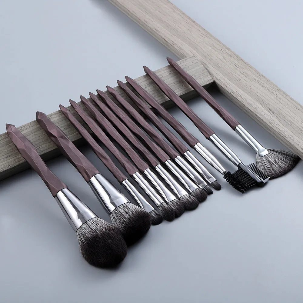 15-piece diamond handle makeup brush set with man-made fibre bristles, portable 13cm length, blue and brown handles