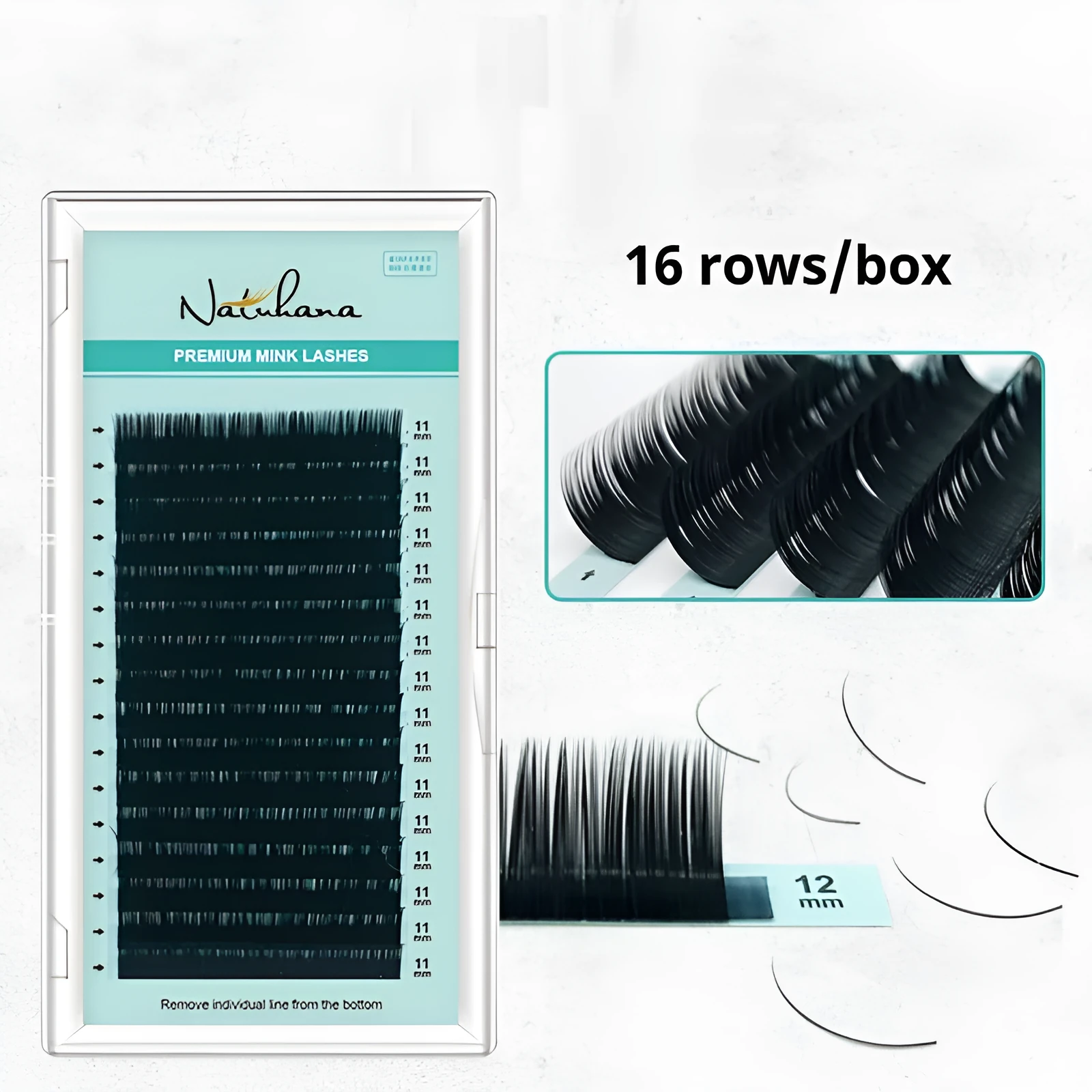 Artificial fibre false eyelashes with soft velvet texture showing length options from 7mm to 15mm