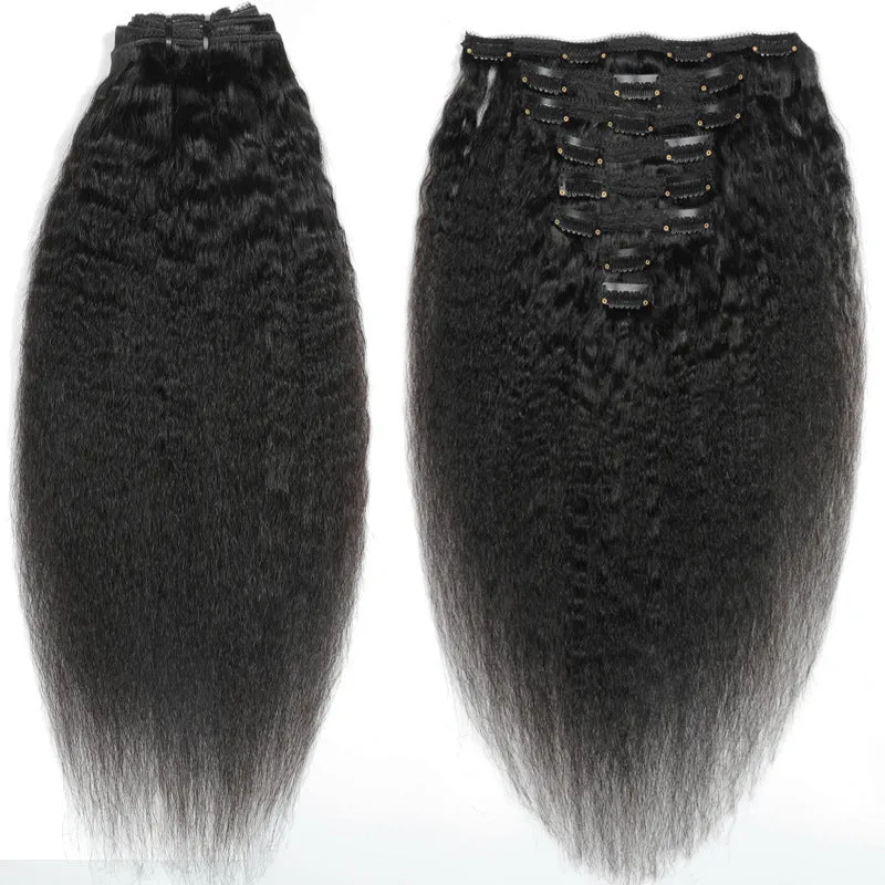 Real human hair clip in wig 8 piece set 120g kinky straight black hair extensions