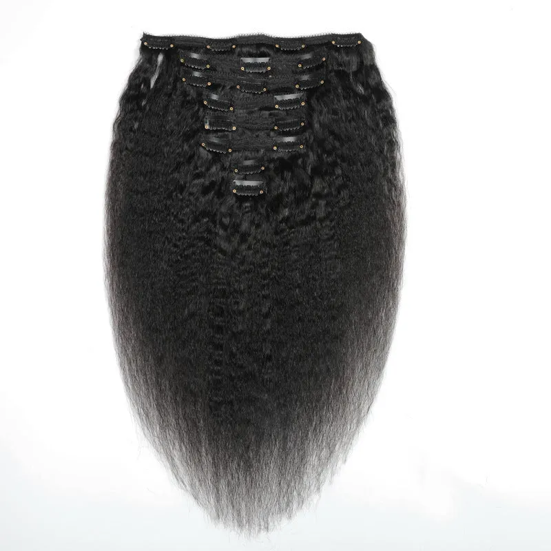 Real human hair clip in wig 8 piece set 120g kinky straight black hair extensions