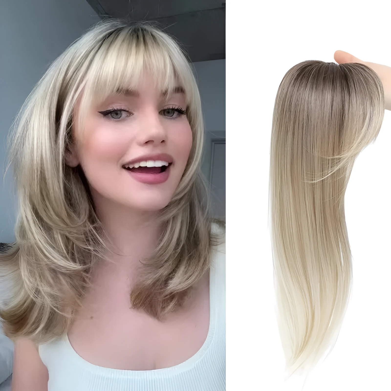 Synthetic high temperature fibre clip-in hair extension wig shown in one of six available style colours.
