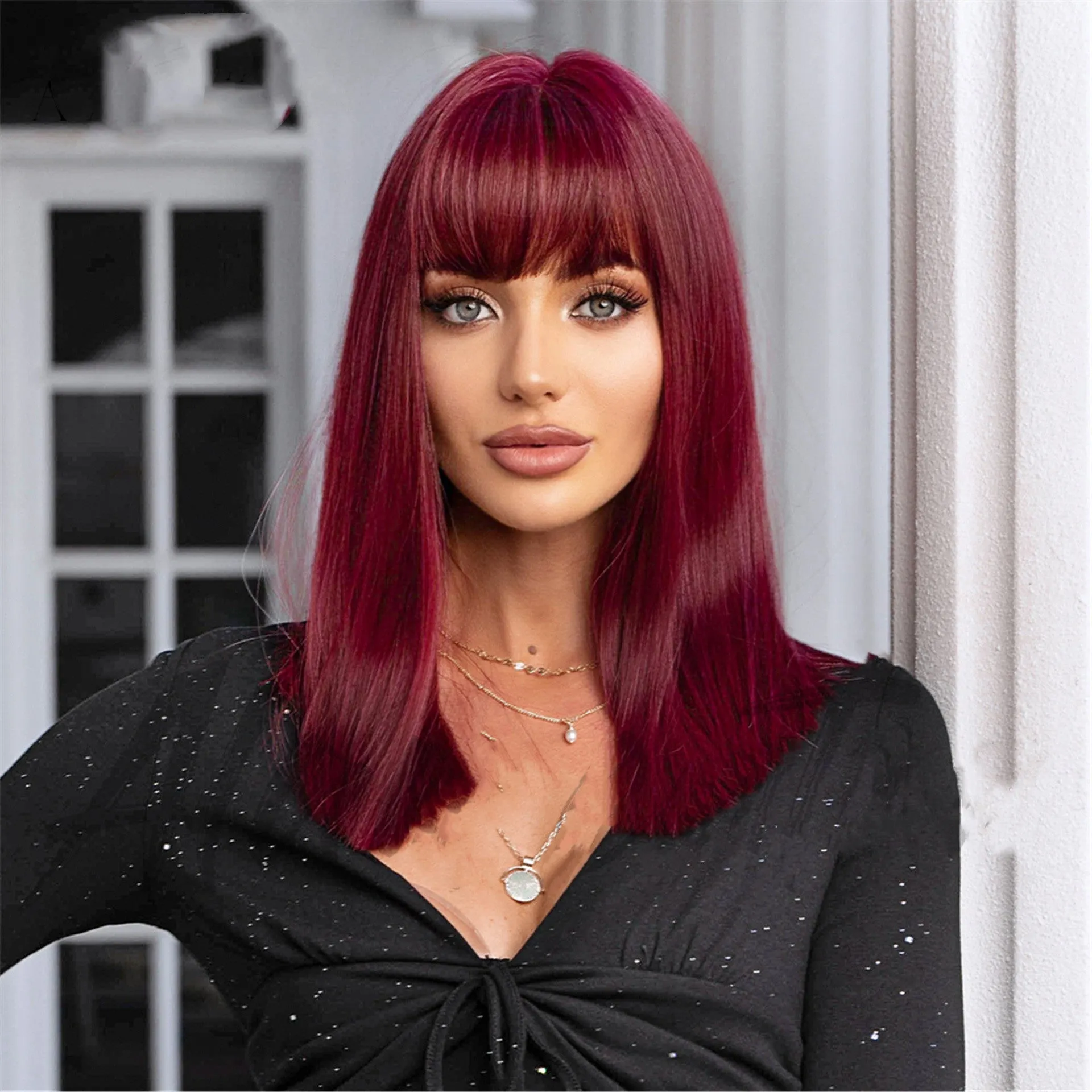 Plant green straight hair wig with bangs on a mannequin, shade LC4771, for ladies face shape modification