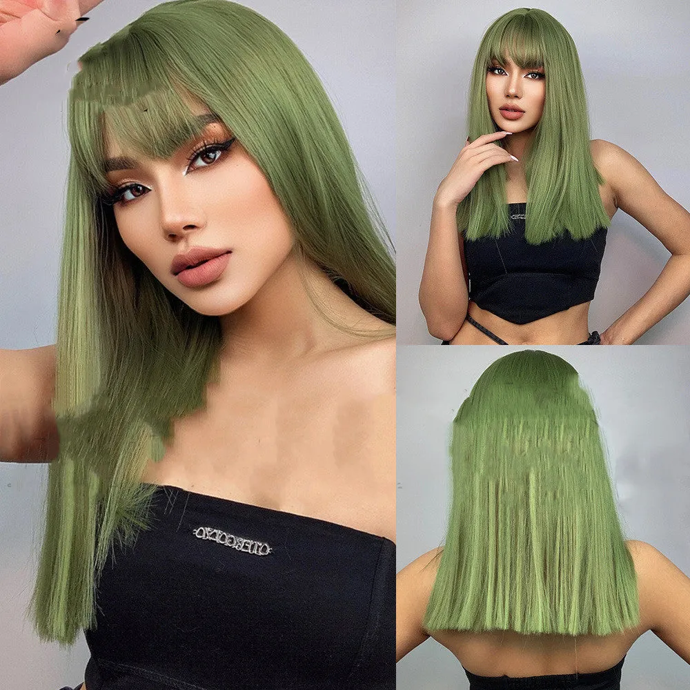 Plant green straight hair wig with bangs on a mannequin, shade LC4771, for ladies face shape modification