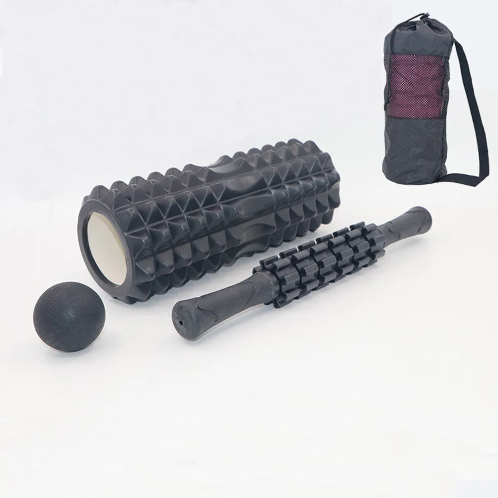 Hollow foam pilates yoga shaft set with crescent model, massage stick, and fascia ball in black