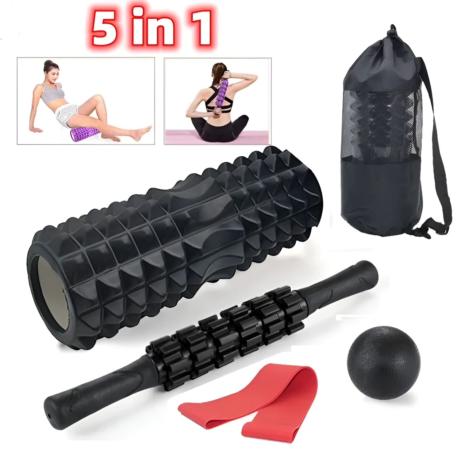 Hollow foam pilates yoga shaft set with crescent model, massage stick, and fascia ball in black