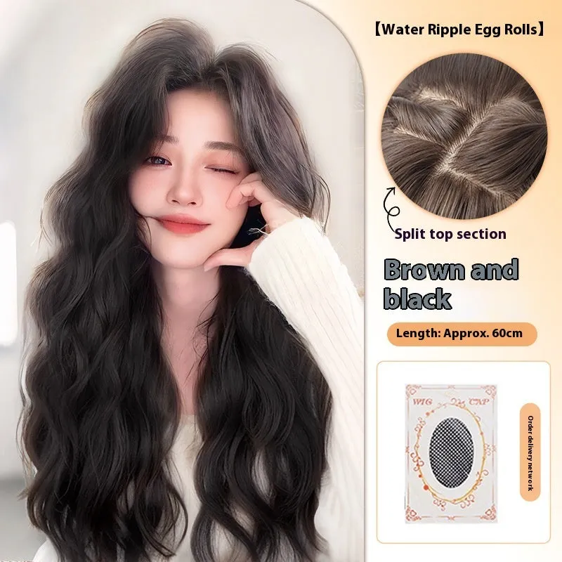 Full-head synthetic wig with long curly hair and side bangs in brown colour