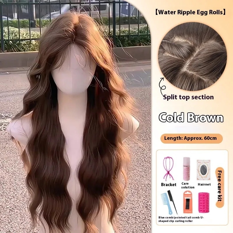 Full-head synthetic wig with long curly hair and side bangs in brown colour