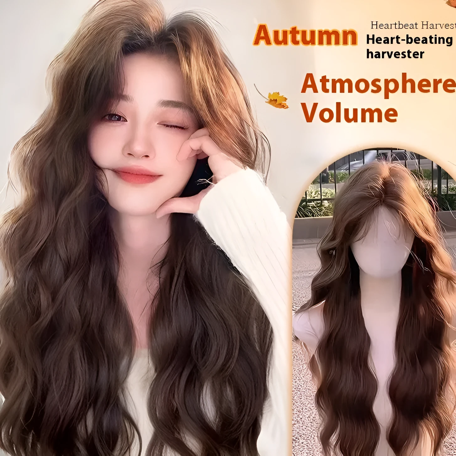 Full-head synthetic wig with long curly hair and side bangs in brown colour