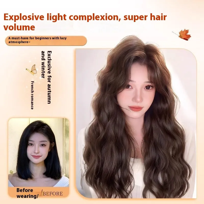Full-head synthetic wig with long curly hair and side bangs in brown colour