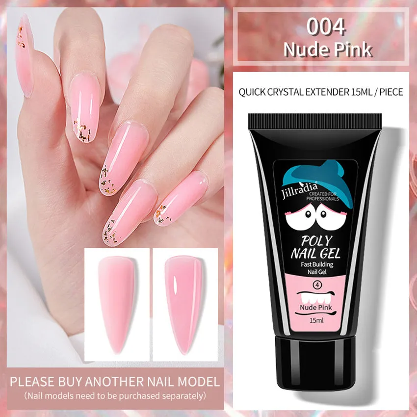 Crystal extension gel nail phototherapy gel in a 15ml bottle with colour swatch showing eight shade options