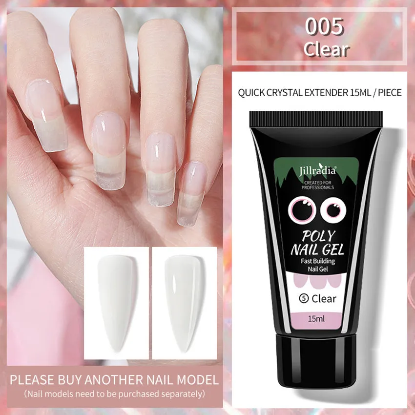 Crystal extension gel nail phototherapy gel in a 15ml bottle with colour swatch showing eight shade options