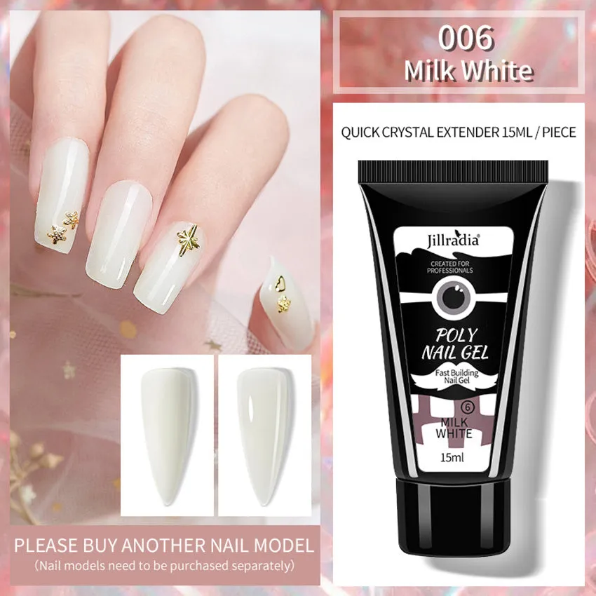 Crystal extension gel nail phototherapy gel in a 15ml bottle with colour swatch showing eight shade options