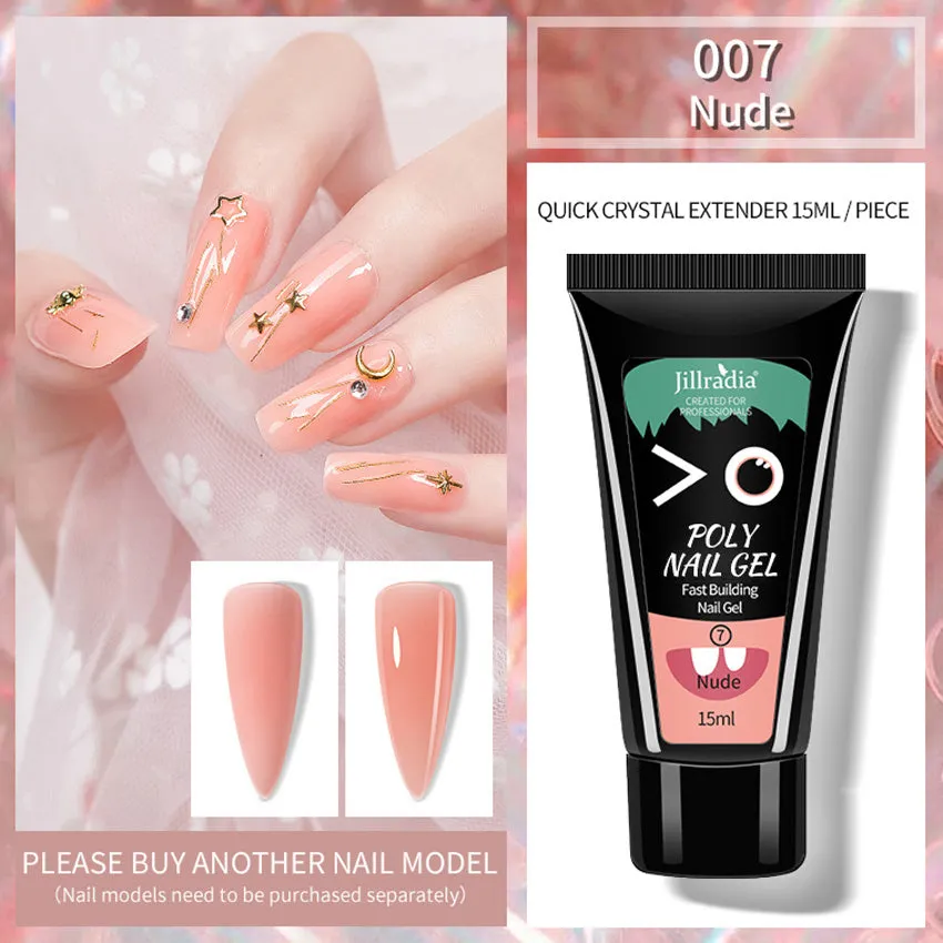 Crystal extension gel nail phototherapy gel in a 15ml bottle with colour swatch showing eight shade options