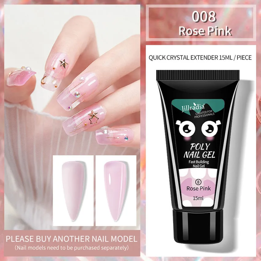 Crystal extension gel nail phototherapy gel in a 15ml bottle with colour swatch showing eight shade options