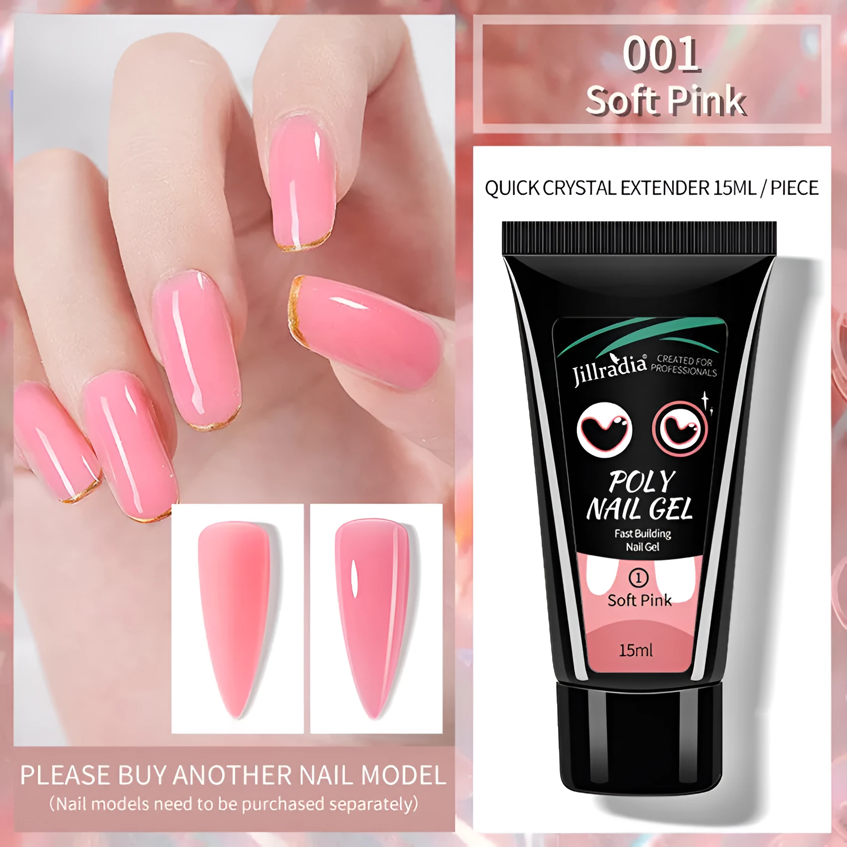 Crystal extension gel nail phototherapy gel in a 15ml bottle with colour swatch showing eight shade options