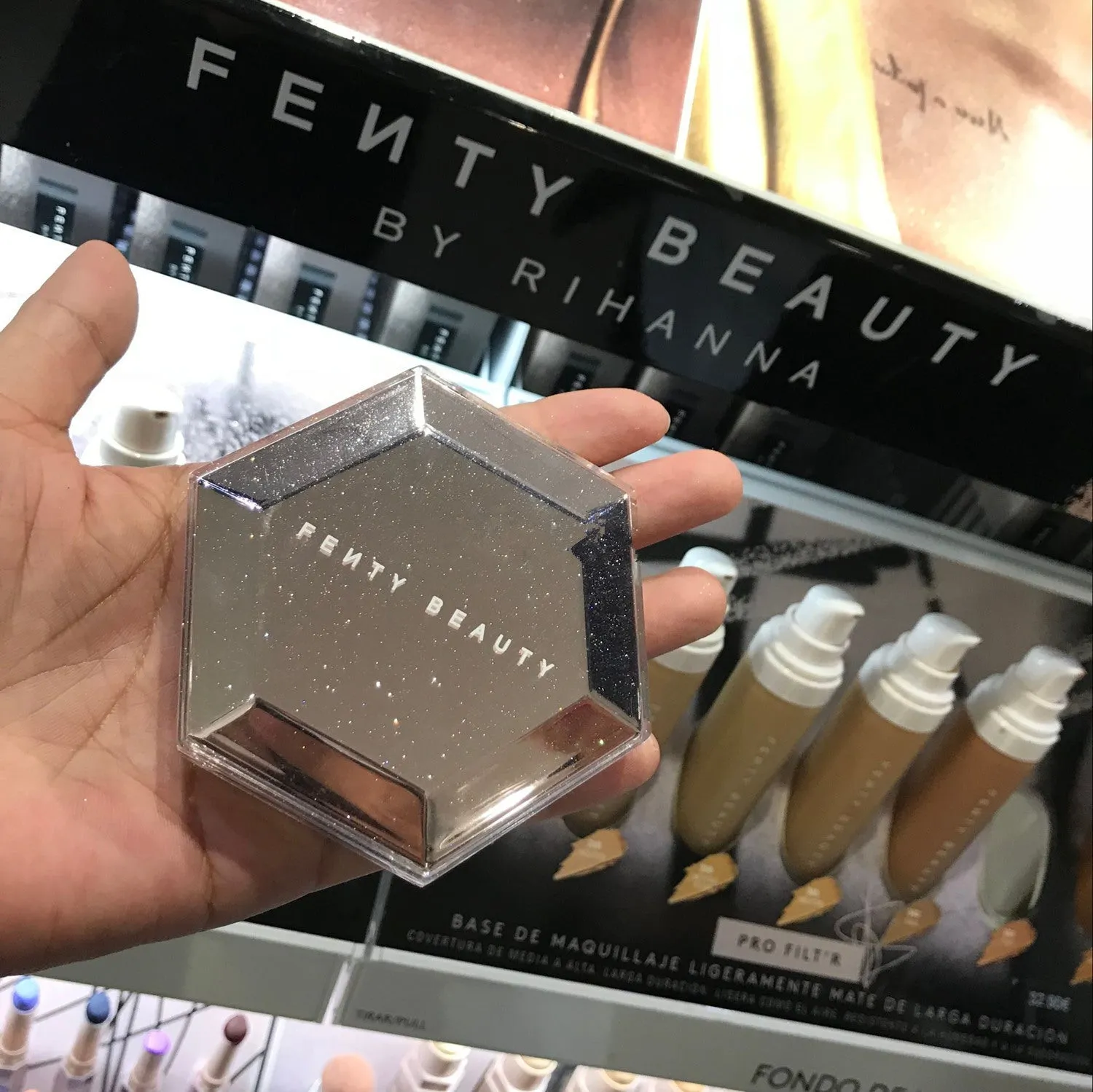 Fenty Beauty Diamond Bomb high gloss powder in compact with diamond-cut packaging