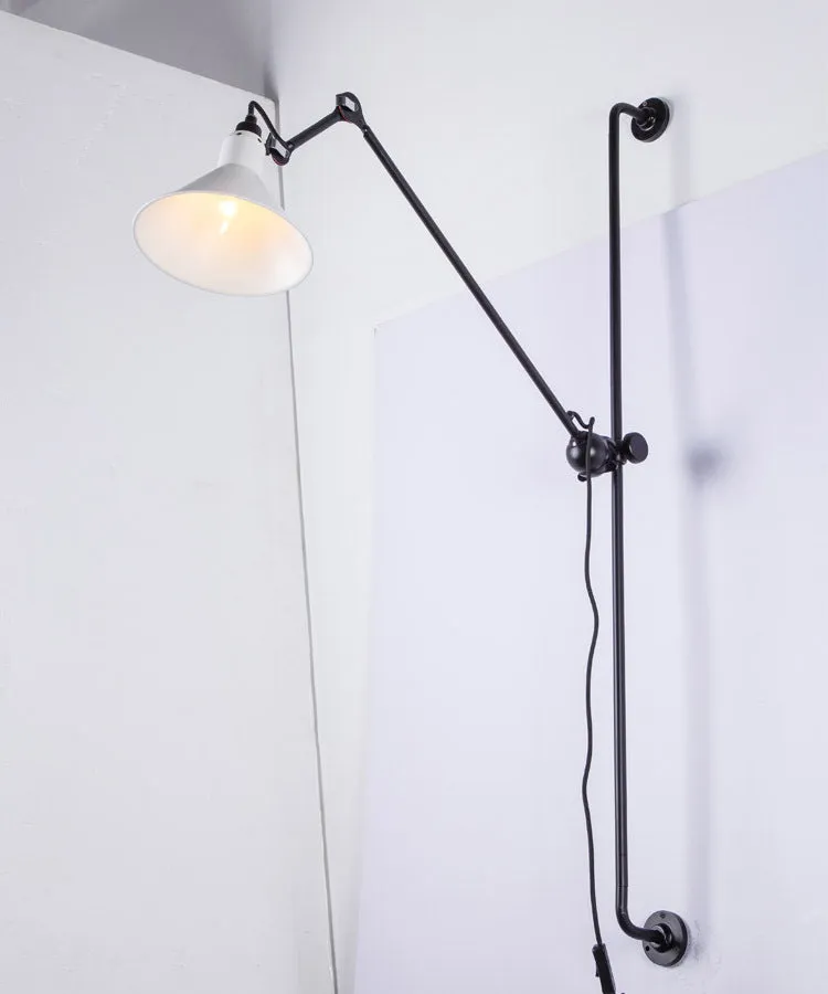 Black rotating rocker arm eye protection wall lamp with plug and Nordic iron lampshade showing warm bulb