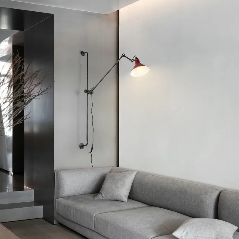 Black rotating rocker arm eye protection wall lamp with plug and Nordic iron lampshade showing warm bulb