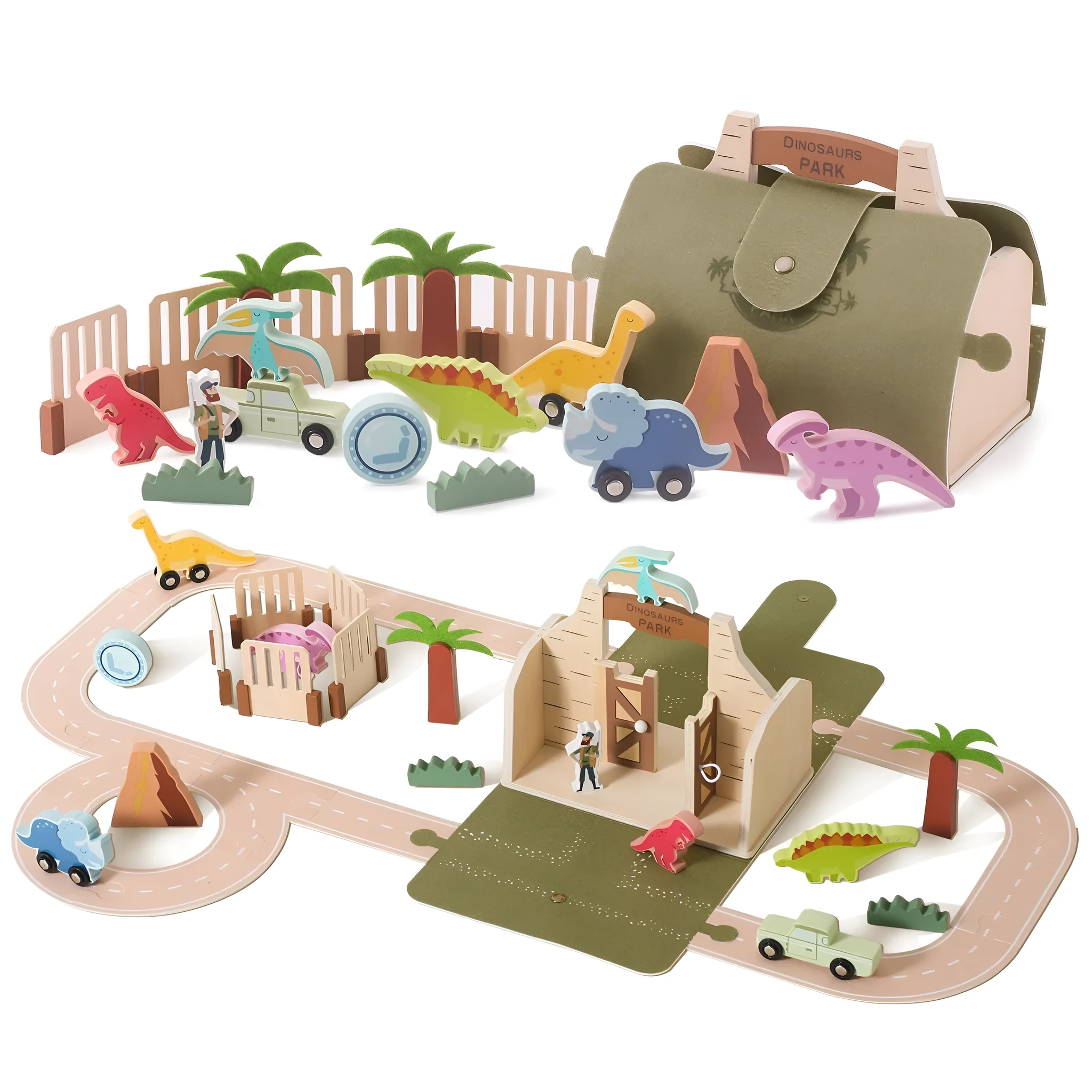 Wooden felt dinosaur track scene toy with building blocks on a table