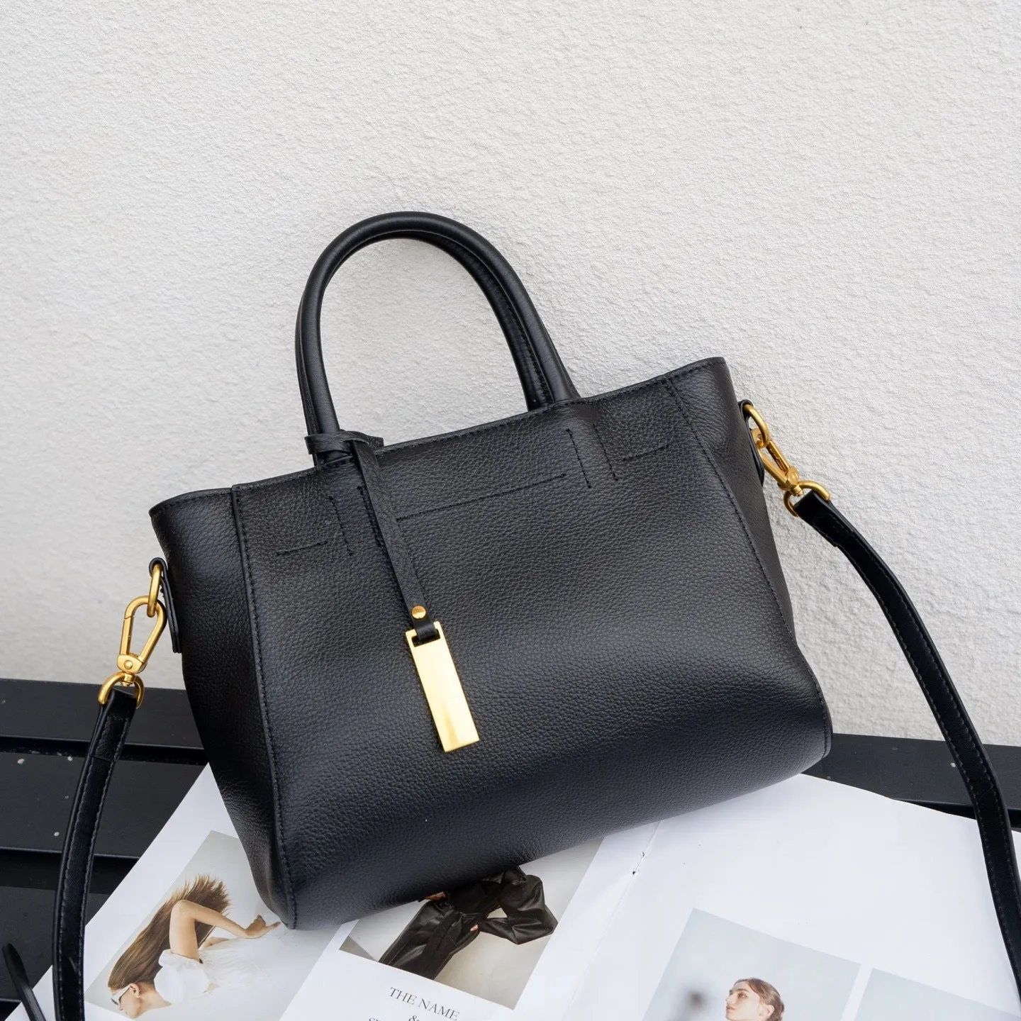 Genuine leather women handbag horizontal square shape first layer cowhide soft with sewing line detailing daily matching bag