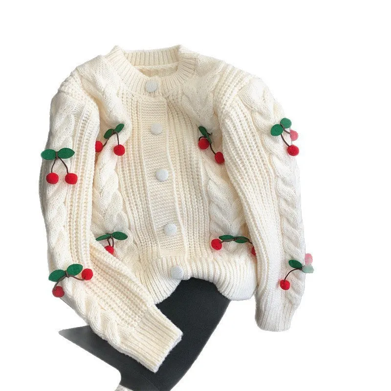 Cherry pattern loose lazy sweater in white with 3D cherries and long sleeves