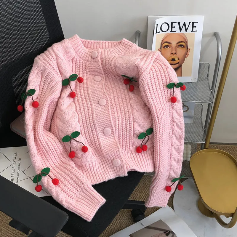 Cherry pattern loose lazy sweater in white with 3D cherries and long sleeves