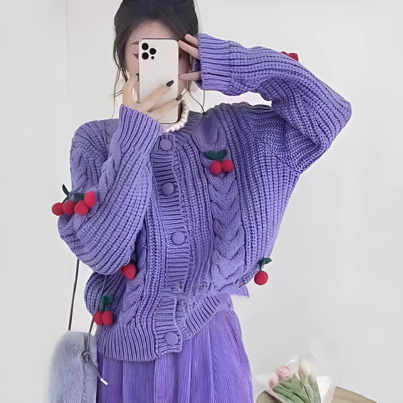 Cherry pattern loose lazy sweater in white with 3D cherries and long sleeves