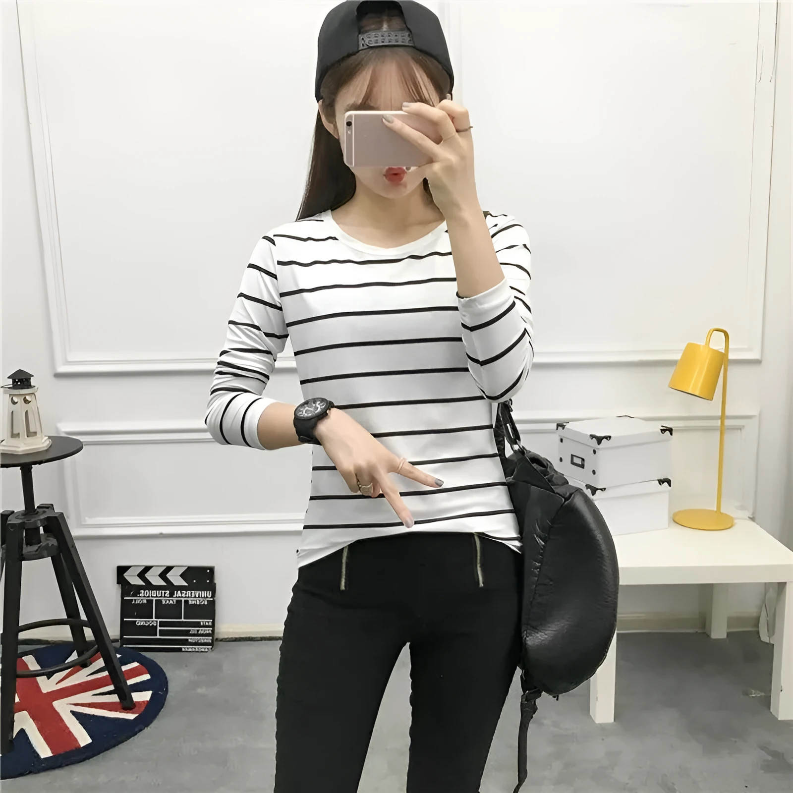 Striped loose long-sleeved T-shirt women's top in black, loose fit polyester fibre