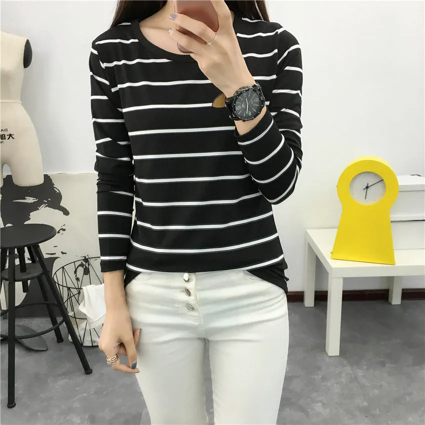 Striped loose long-sleeved T-shirt women's top in black, loose fit polyester fibre