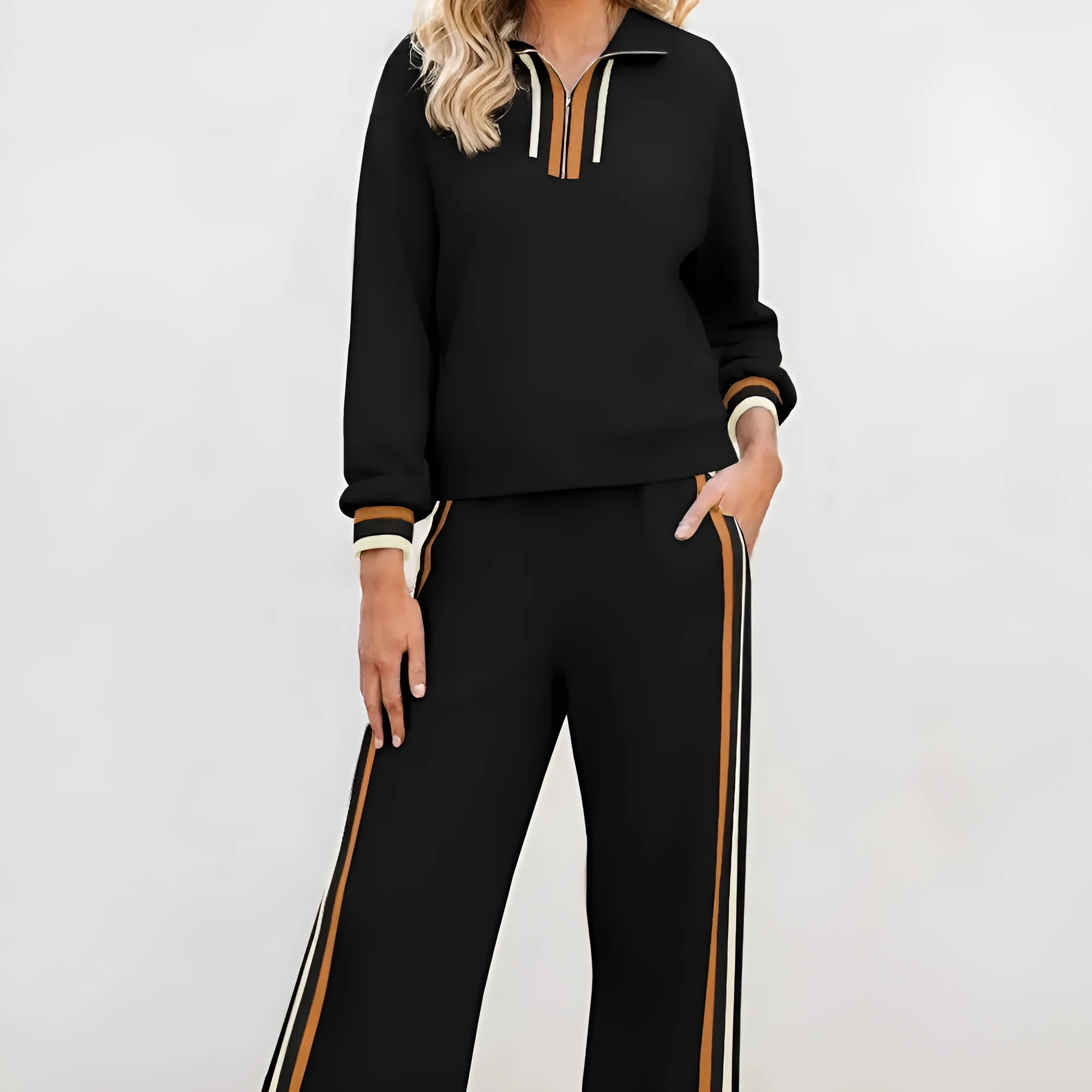 Black striped patchwork quarter zip pullover and loose trousers loungewear set on model